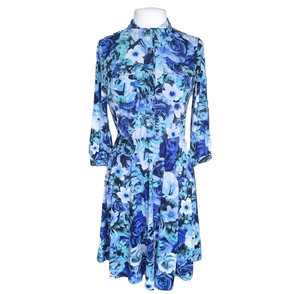 NY Collection Blue Multicolor Floral Print Long Sleeve Dress Women's Size S
